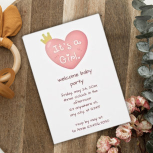 Invitation C'est une fille Baby shower princesse de coeur ros