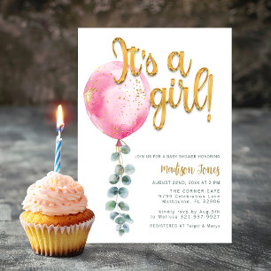 Invitation C'est une fille Baby shower rose ballons et script