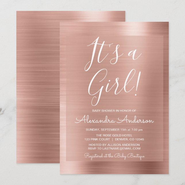 Invitation C'est une fille ! - Baby shower Rose Gold Foil (Devant / Derrière)