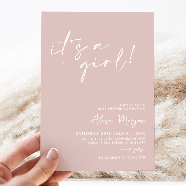 Invitation C'est une fille ! Baby shower rose minimal (It's a Girl! Dusty Pink Baby Shower Invitation)