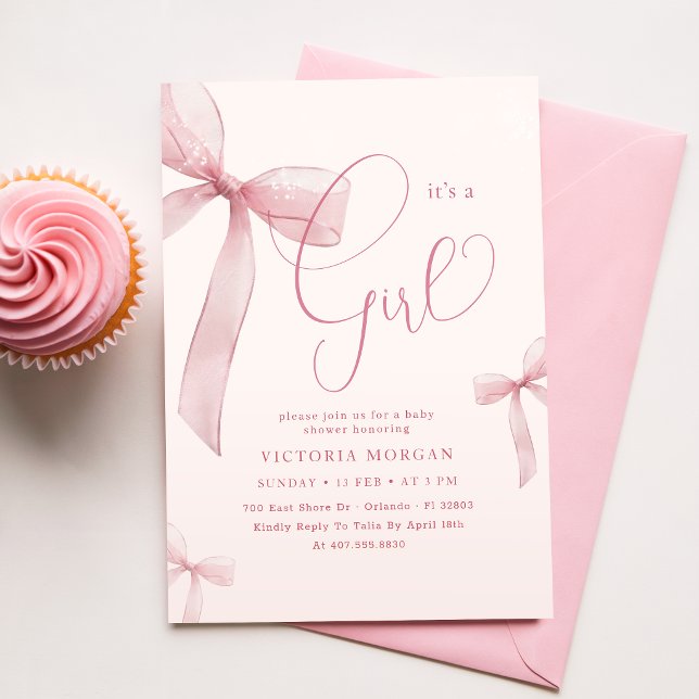 Invitation C'est une fille Baby Shower Rose Ruban (Créateur téléchargé)