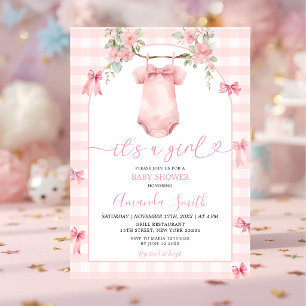 Invitation C'est une fille Baby Shower Rose Vichy Fleurie