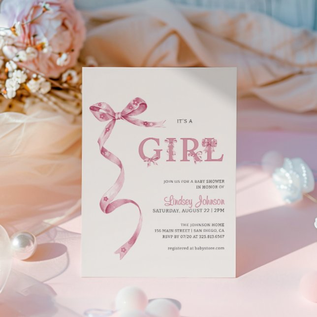 Invitation C'est une fille Baby Shower Ruban Rose  (Créateur téléchargé)