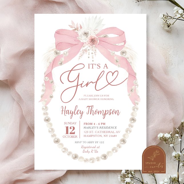 Invitation C'est une fille Baby Shower Ruban Rose Perle (Créateur téléchargé)