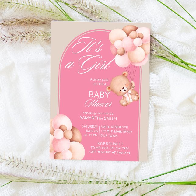 Invitation C'est une fille ballons roses beige arche d'ours e (Créateur téléchargé)