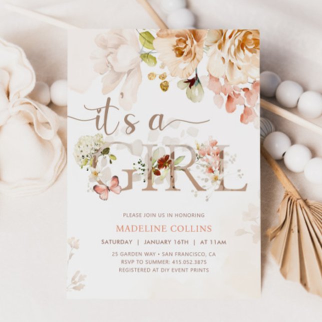 Invitation C'est une fille, bébé en fleurs, Baby shower de ja (Créateur téléchargé)