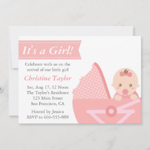 Invitation C'est une fille Bébé fille mignonne dans un landau