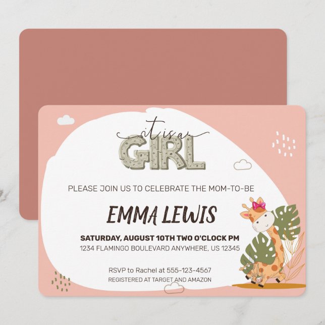 Invitation C'est une fille bébé Giraffe, Baby shower Invitati (Devant / Derrière)