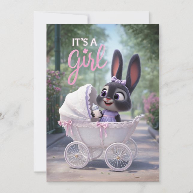 Invitation C'est une fille : bébé lapin dans un landau rose e (Devant)