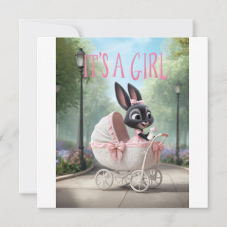 Invitation C'est une fille : Bébé lapin mignon rose chariot v