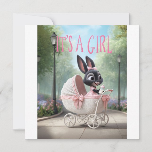 Invitation C'est une fille : Bébé lapin mignon rose chariot v (Devant)