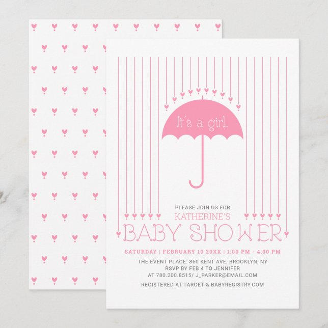 Invitation C'est une fille | Bébé sous les coeurs mignons et  (Devant / Derrière)