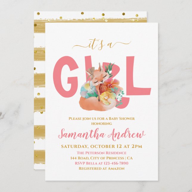 Invitation C'est une fille belle Sleepy Fox Baby shower Invi (Devant / Derrière)
