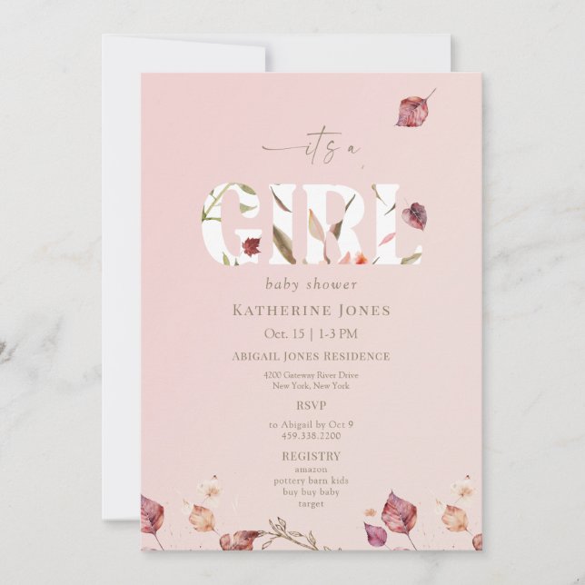 Invitation C'est une fille Blush Baby shower d'automne II (Devant)