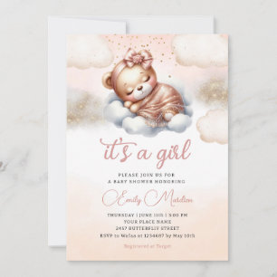 Invitation C'est une fille Boho Teddy Bear Blush baby shower 
