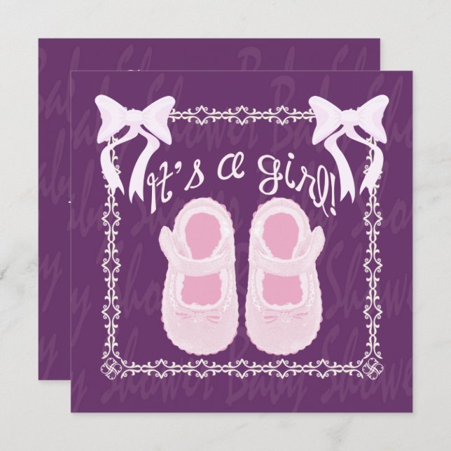 Invitation C'est une fille Bow Chaussures Baby shower violet  (Devant / Derrière)