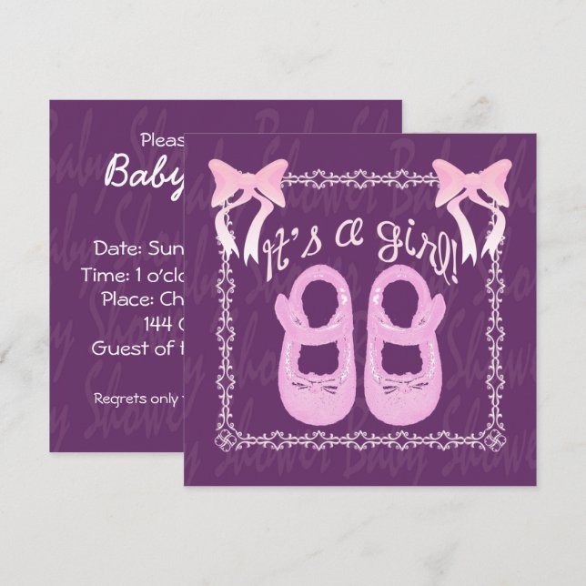 Invitation C'est une fille Bow Chaussures Baby shower violet  (Devant / Derrière)