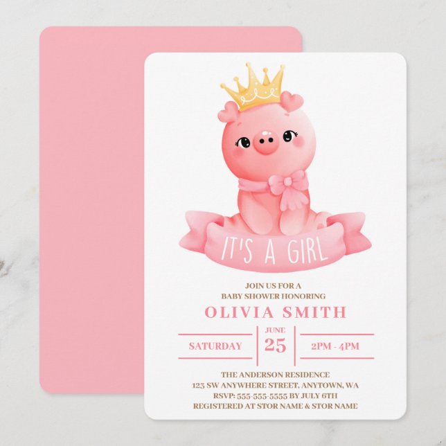 Invitation C'est une fille Cochon de bébé mignon Aquarelle Ba (Devant / Derrière)