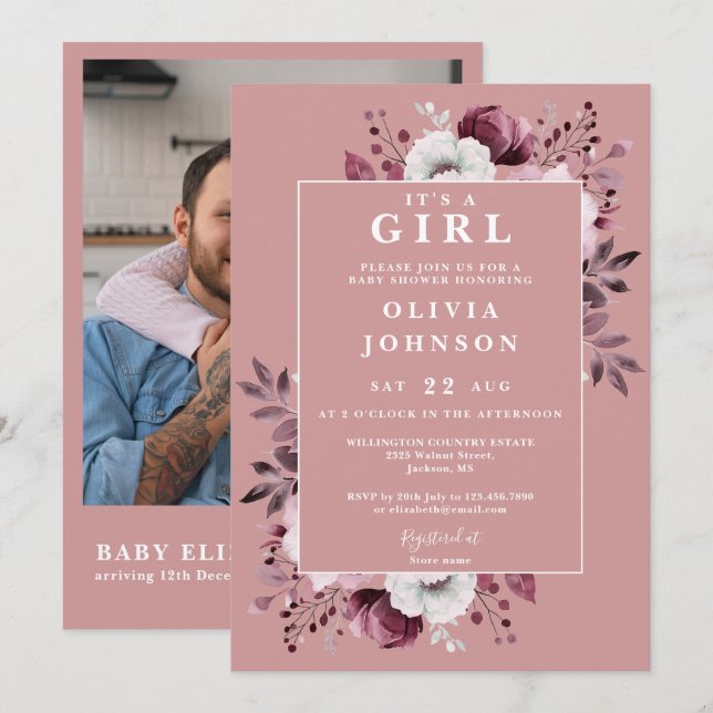 Invitation C'est une fille Code QR photo florale rose pour Ba (Devant / Derrière)