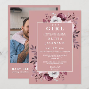 Invitation C'est une fille Code QR photo florale rose pour Ba