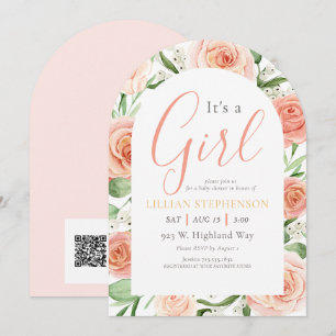 Invitation C'est une fille Code QR pour Baby Shower Rose Pâle