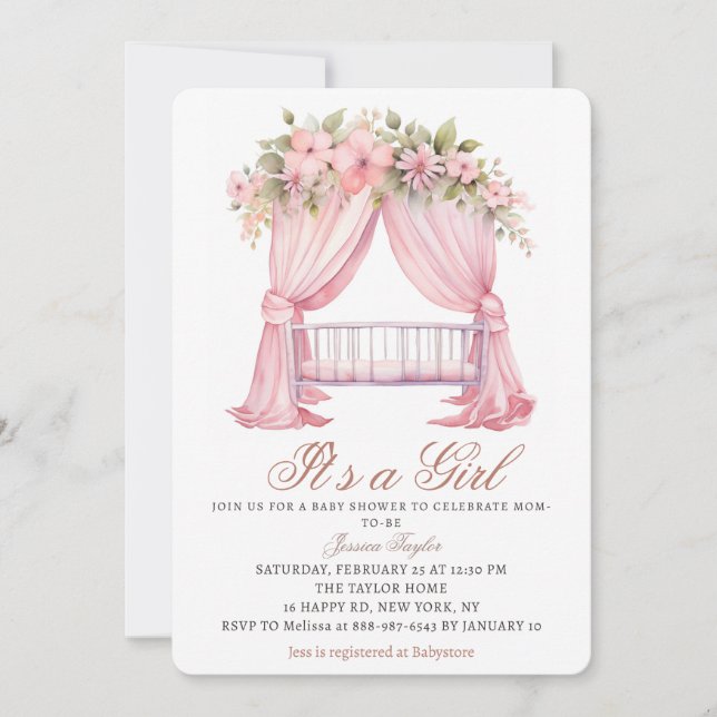 Invitation C'est une fille Crib Fleurs roses de printemps Bab (Devant)