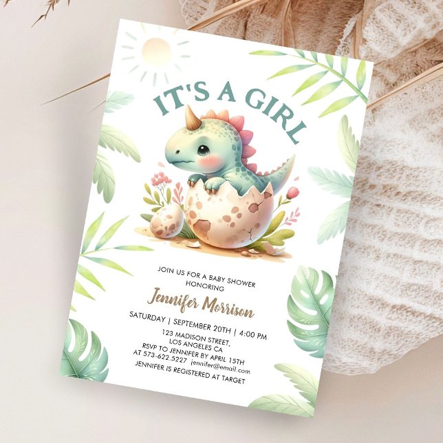 Invitation C'est une fille ! Cute Dino Dinosaur Baby shower f (Créateur téléchargé)