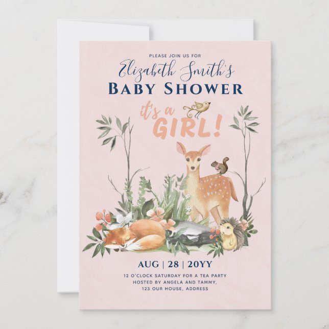 Invitation C'est une FILLE ! Cute Woodland Baby Animals Douch (Devant)