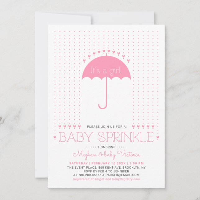 Invitation C'est une fille | Douce Cœur & Baby Sprinkle Parap (Devant)