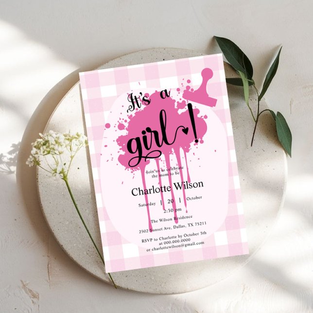 Invitation C'est une fille ! Douce Pastel Rose Gingham Baby S (Créateur téléchargé)