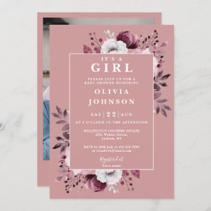 Invitation C'est une fille Dusty Rose Baby shower photo flora