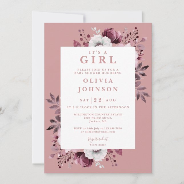Invitation C'Est Une Fille Dusty Rose Élégant Baby shower Flo (Devant)