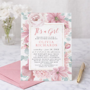 Invitation C'est une fille Dusty Rose Floral Fête de naissanc