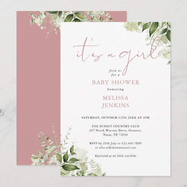 Invitation C'est une fille Dusty Rose Greenery Baby Shower (Devant / Derrière)