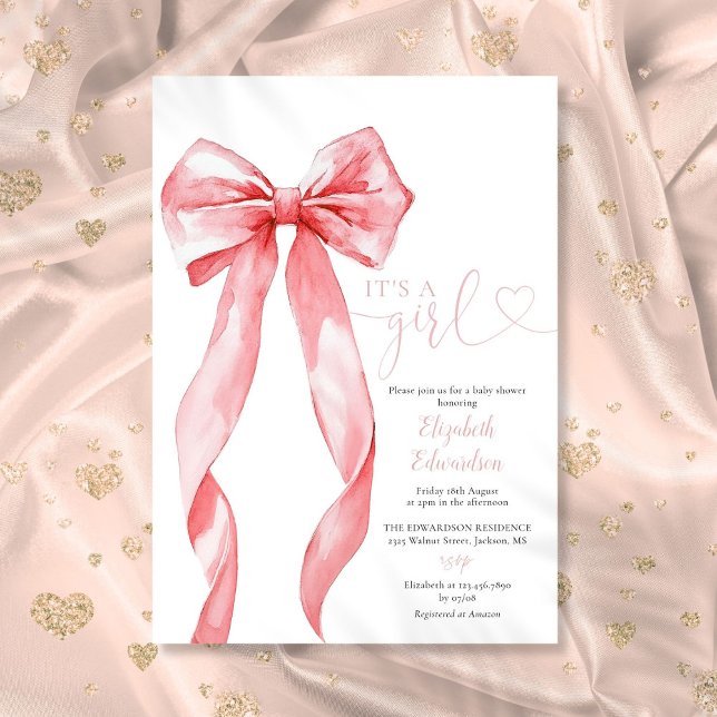 Invitation C'Est Une Fille Élégant Baby shower Bow Rose (Its A Girl Elegant Pink Bow Baby Shower Invitation)