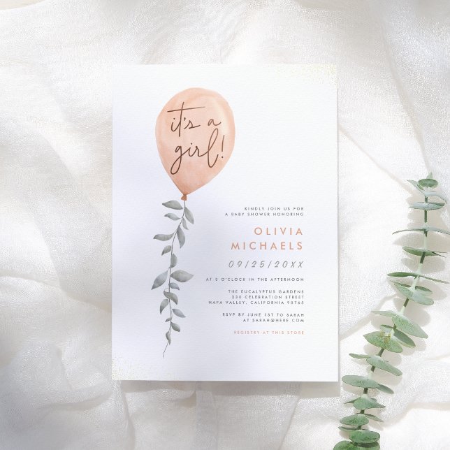 Invitation C'Est Une Fille Eucalyptus Baby shower Balloon Ver (Créateur téléchargé)