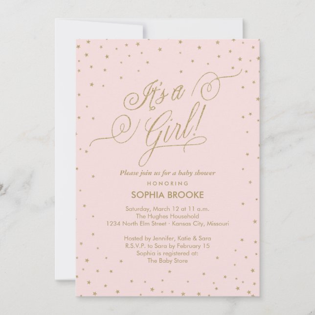 Invitation C'est une fille ! Fancy Gold Stars Baby shower ros (Devant)