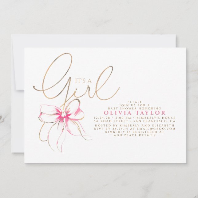 Invitation C'est une fille Fête de bébé élégante rose et or (Devant)