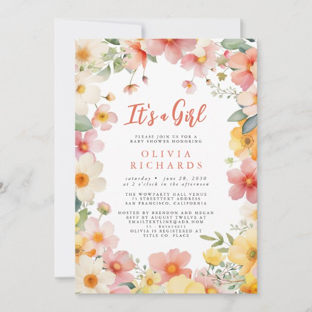 Invitation C'est une fille Fête de bébé Fleur sauvage florale (Devant)