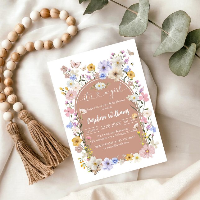 Invitation C'est une fille Fête de Bébé Fleur Sauvage Papillo (Créateur téléchargé)