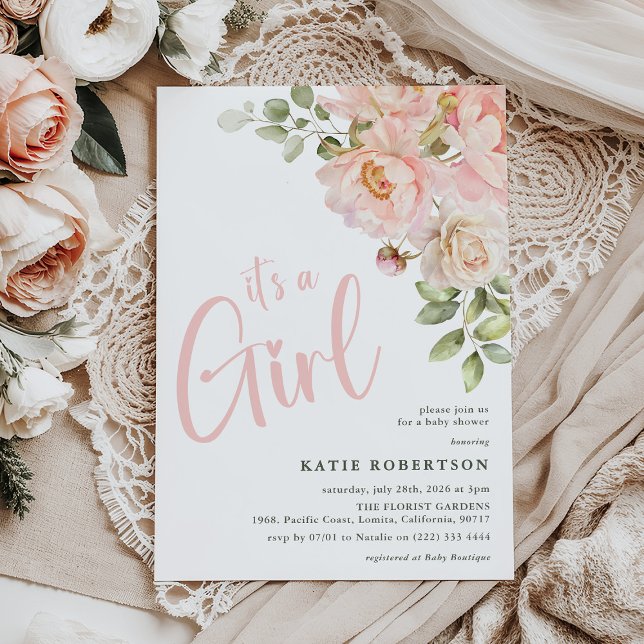 Invitation C'est une fille Fête de bébé Fleurs aquarelle rose (Créateur téléchargé)