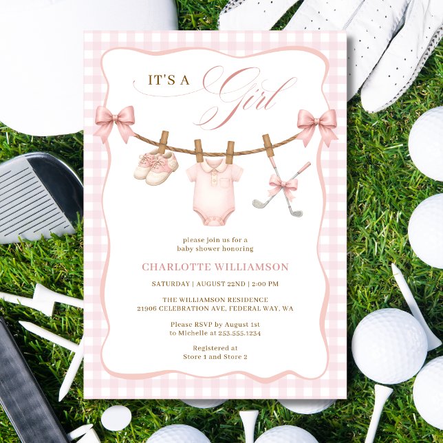 Invitation C'est une fille Fête de bébé Linge de golf rose (It's a Girl Pink Golf Clothesline Baby Shower Invitation)