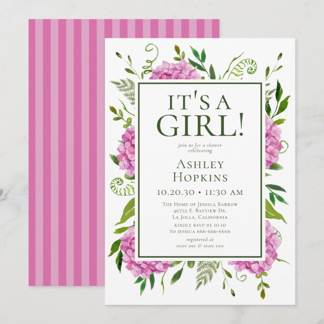 Invitation C'est une fille Fête Prénatale aux Hydrangeas Rose (Devant / Derrière)