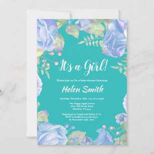 Invitation C'est une fille Fête Prénatale Florale Bleue