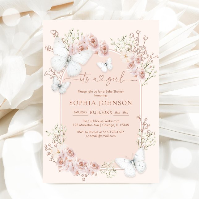 Invitation C'est une fille Fête prénatale papillon floral (Créateur téléchargé)