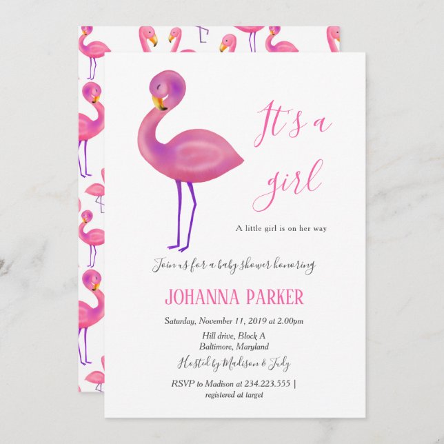 Invitation C'est une fille | Flamant rose rose | Baby shower (Devant / Derrière)