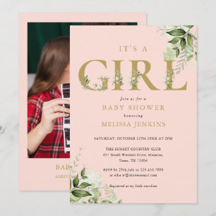 Invitation C'est une fille Fleurs roses or Photo Baby Shower