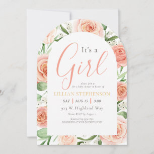 Invitation C'est une fille Fleurs roses rose saumon Fête prén