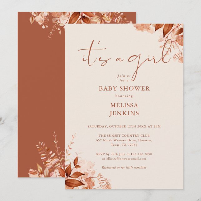 Invitation C'est une fille Floral Automne Bébé Shower (Devant / Derrière)