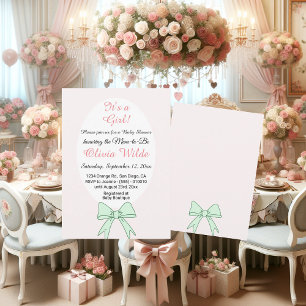 Invitation C'est une fille Green Bow & Flowers pour un Baby s